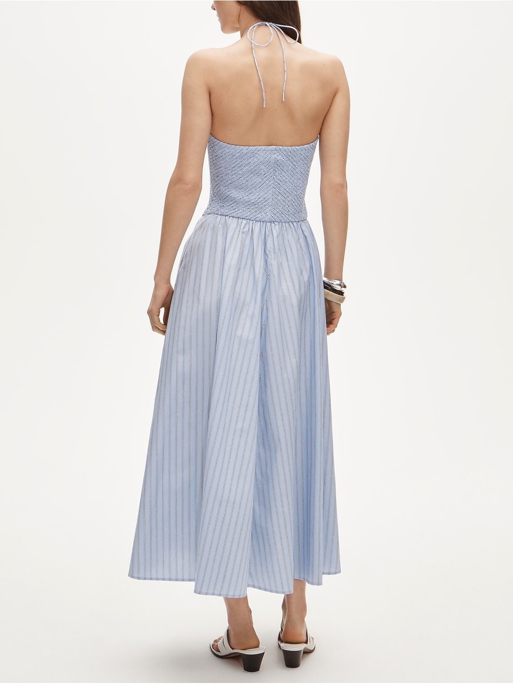 J. Crew Light Blue Halter Smocked Midi Dress in Stripe M - Picture 3 of 14